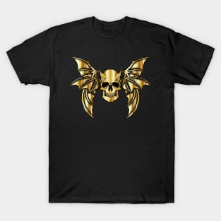 Gold Horned Bat Skull with Wings Design T-Shirt